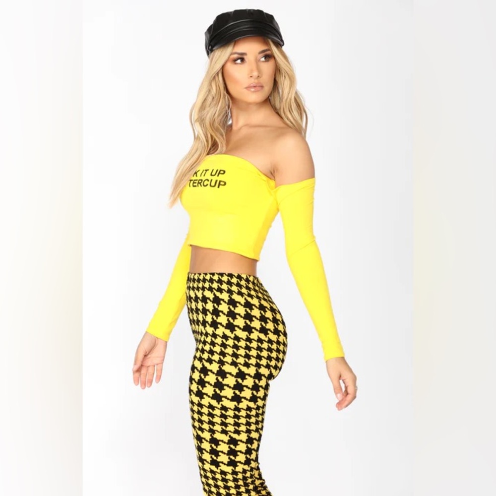 Fashion Nova Yellow Off-Shoulder Crop Top ‘F it up buttercup’ 🐝 💛🖤 - Picture 3 of 5